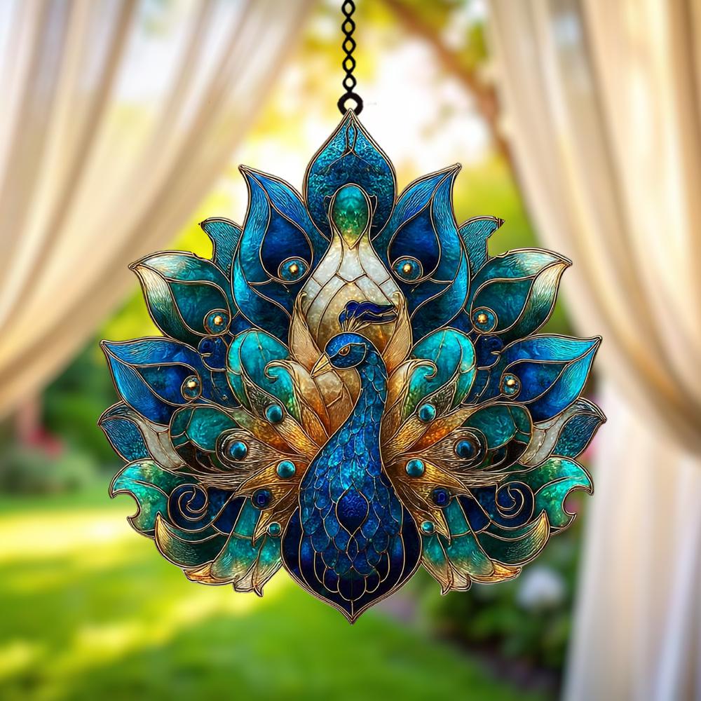 Majestic Peacock acryl zonnevanger – Faux glas-in-loodraam met levendige pauw, elegant vogeldecor voor natuur- en tuinliefhebber