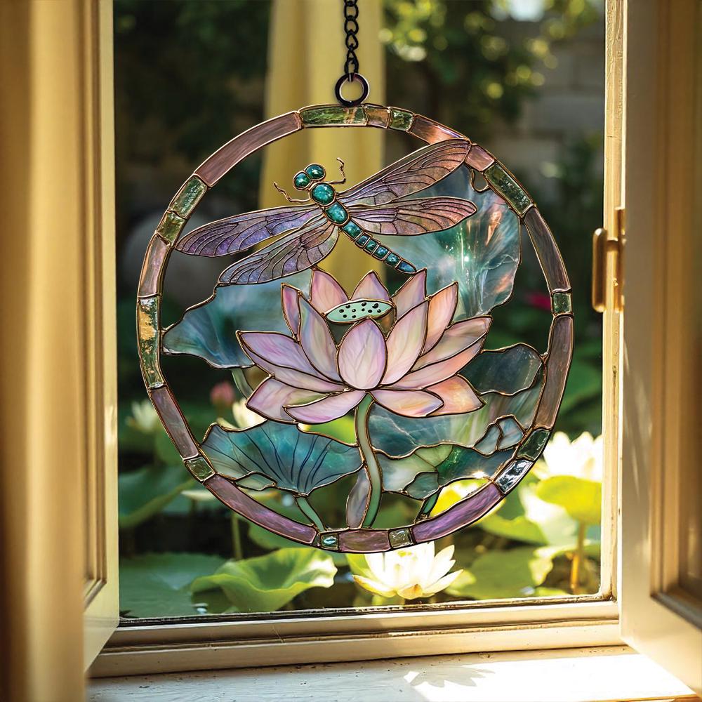 Lotus and Dragonfly Acrylic ornament, Memorial Window Hanging, Unique Dragonfly Lover Gift, Etched Flower Wall Decor