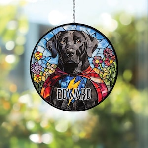 Personalized Black Labrador Suncatcher, Faux Stained Glass Dog Window Hanging, Gift for Dog Lovers and Pet Memorial, Labrador Portrait Art