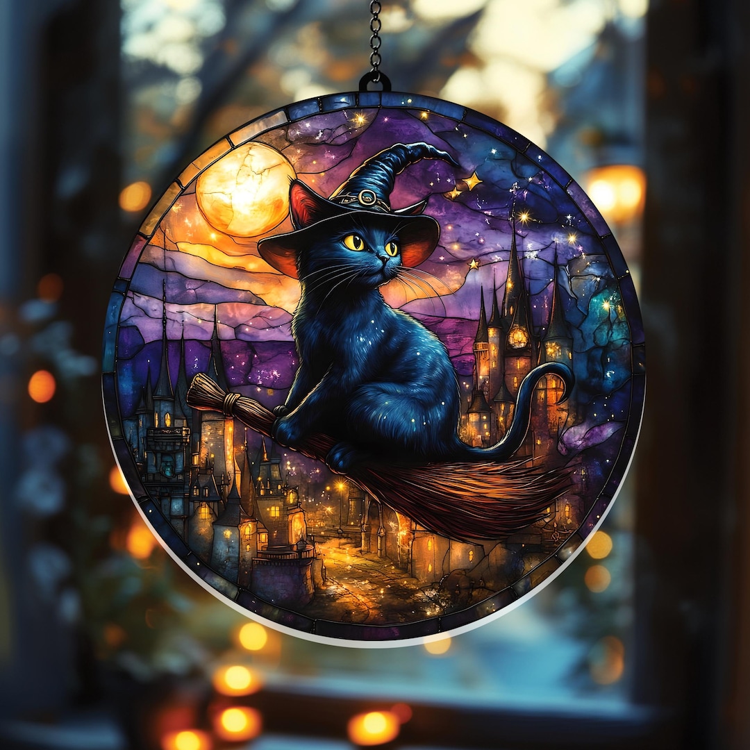 Black Cat Glass Suncatcher for Cat Moms, Home Decor Window Hangings Art ...