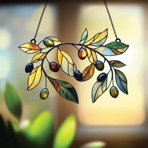 Olive Branch Acrylic Suncatcher – Faux Stained Glass Window Hanging with Green Olive Leaves, Plant Nature Decor for Garden or Kitchen