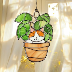 Cat in a Plantpot Suncatcher, ACRYLIC Faux Stained Glass Window Hanging, Custom Cat Gift Idea for Cat Lovers and Home Decor