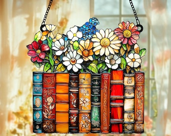 Wildflowers On The Books acrylic ornament window hanging librarian gift Wildflowers Acrylic  Bookish Gift Book Lover Gift Housewarming Gift