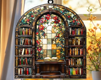 Bibliotheek boekenplank ACRYL SUNCATCHER bibliotheek venster opknoping niet glas boek minnaar cadeau leesgrage bibliothecaris cadeau muur opknoping decor