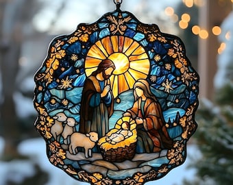 Kerststal Katholiek Ornament Geboortekerk Religieus Acryl Raam Opknoping, Kerst Opknoping Kunst Decor, Christian Jesus Suncatcher