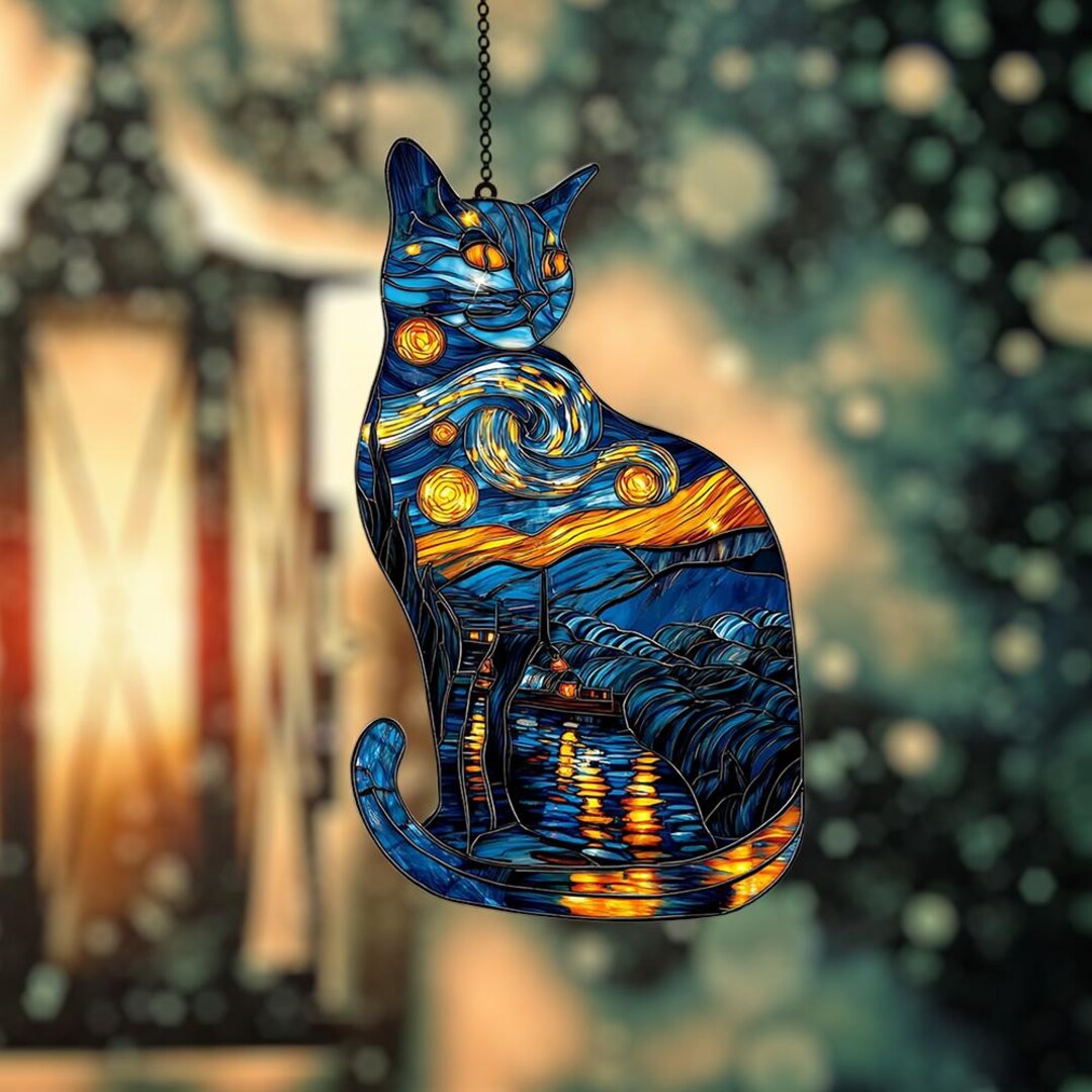 Starry Night Black Cat Acrylic Suncatcher, Faux Stained Glass Window ...