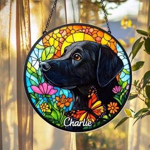 Personalised Black Labrador Suncatcher, Faux Stained Glass Yellow Lab Window Hanging, Dog Lover Gift, Pet Memorial Ornament