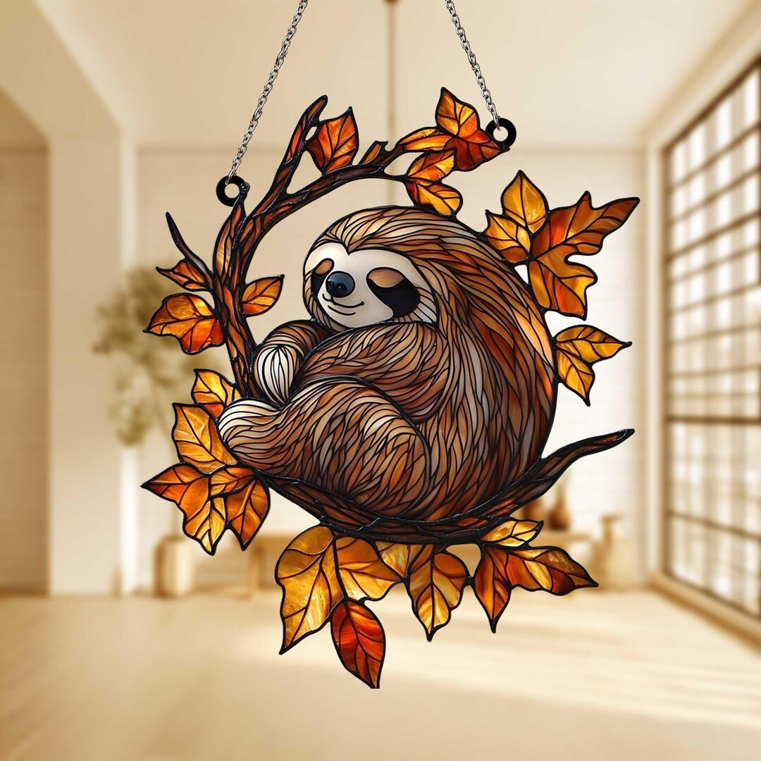 Sleeping Sloth Faux Stained Glass Acrylic Suncatcher, Relaxing Nature ...