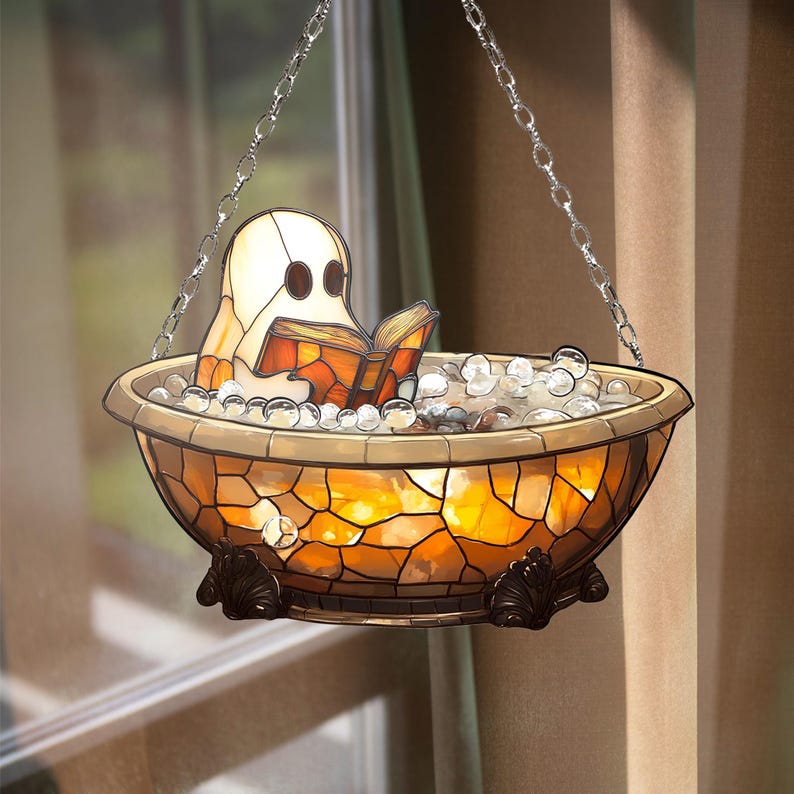 Cute Ghost Reading Book Bathroom Acrylic Suncatcher Ghost In Bathtub Window Haning Halloween Spooky Season Bathroom Decor Boo Love Book Gift