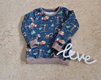 Handmade sweater for boys in size 110, taupe, blue, French terry, Christmas construction site, grow-along cuffs, Christmas sweater
