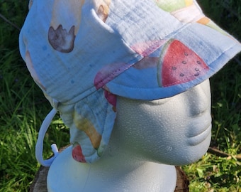 Summer hat with neck protection, custom design and size, colorful; adjustable ties to grow with the child; various colors; muslin, single layer