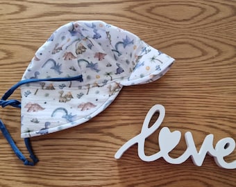 Handmade summer hat, blue, ties, cute dinos, different KU possible, muslin, single layer