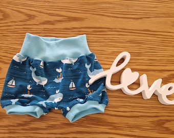 Short summer pants in various sizes, double size, turquoise, whales, anchors, made of soft muslin, turquoise cuffs on the stomach/legs