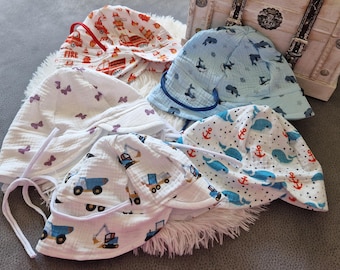 Summer hat with neck protection, various KU; ties to grow with the child; various colors and motifs; muslin, single-layer, ready to ship