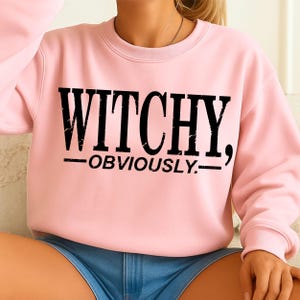 May include: A light pink crewneck sweatshirt featuring the black distressed-style text WITCHY, OBVIOUSLY. The garment has long sleeves, a ribbed collar, and ribbed cuffs. The text is centered on the chest in a bold, serif font with horizontal lines.