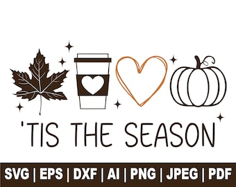 May include: A seasonal graphic featuring a brown maple leaf, a coffee cup with a heart, an orange heart, and a pumpkin. The text "'TIS THE SEASON" is displayed below. File type icons are also included in the image.