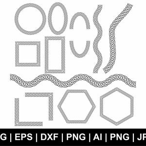 Puede incluir: Un conjunto de marcos de eslabones de cadena en blanco y negro en varias formas, incluidos círculos, cuadrados, óvalos, hexágonos y una línea ondulada. Los marcos son perfectos para agregar un toque decorativo a tus manualidades y proyectos.