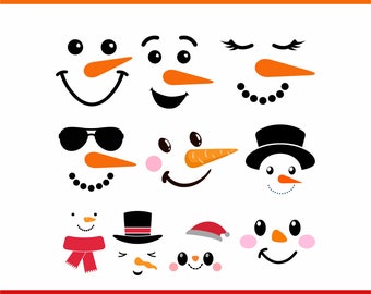 May include: A collection of snowman face designs in black, orange, and white. The designs include various eyes, smiles, carrot noses, and accessories like sunglasses, a top hat, and a Santa hat. The text "SNOWMAN BUNDLE" is at the top.