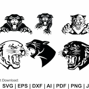 May include: A collection of six black and white graphic illustrations featuring snarling panthers in various poses, including head-on views with claws extended and profile shots with open mouths. The text reads: Instant Download: SVG | EPS | DXF | AI | PDF | PNG | JPEG