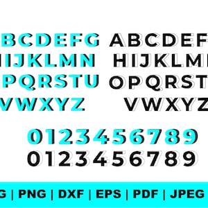 May include: A font alphabet with uppercase letters and numbers in a 3D style. The letters and numbers are outlined in black and filled with a bright blue colour. The letters are arranged in two rows, with the numbers below. The text "SVG | PNG | DXF | EPS | PDF | JPEG | AI" is at the bottom of the image.