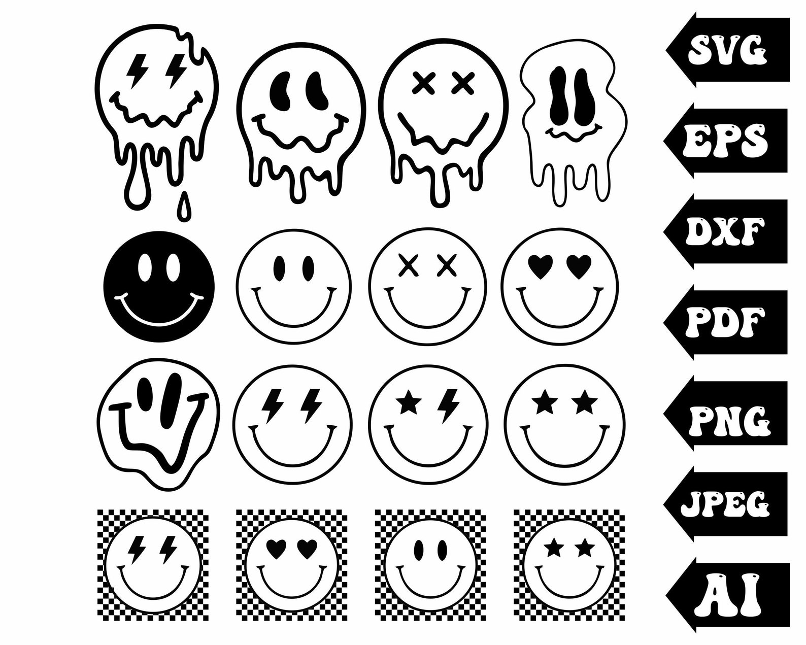 Smiley Face Svg, Drippy Smiley Svg, Melting Smiley Svg, Checker Smiley