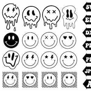 Könnte beinhalten: Ein Set mit 10 Schwarzweiß-Clipart-Bildern von verschiedenen Smiley-Gesichtern mit unterschiedlichen Ausdrücken. Die Smiley-Gesichter tropfen mit einer flüssigen Substanz. Die Bilder sind in den Formaten SVG, EPS, DXF, PDF, PNG, JPEG und AI.
