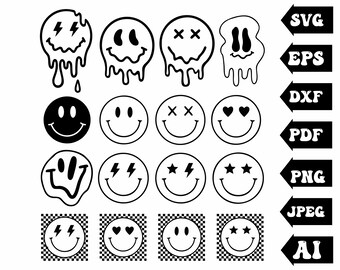 Trendy Smiley Gesicht SVG Bundle: Drippy, Checker, Melting (Schnittdateien)