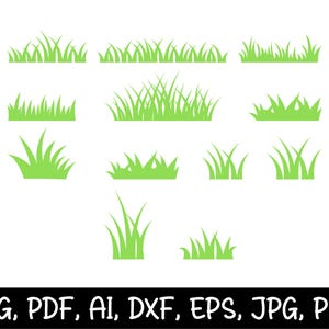 Könnte beinhalten: Ein Satz von neun verschiedenen grünen Grassilhouetten-Designs. Die Grassilhouetten sind in verschiedenen Formen und Größen, perfekt für Bastel- und Designprojekte.