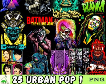 May include: A collage of 25 colorful digital illustrations featuring various characters and pop culture icons. The images include a green owl, a skull with pink and green hair, a green monster, a man with dreadlocks, a man with a gas mask, a man with a gun, a man with a Joker mask, a man in a spacesuit, and a man with a bat mask. The text "25 URBAN POP 1 PNG" is at the bottom of the collage.
