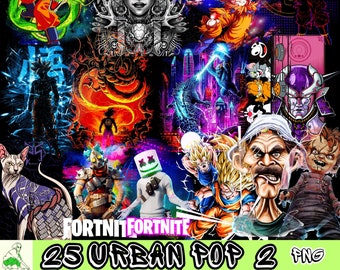 May include: A collage of 25 images featuring various pop culture characters and designs. The images include characters from anime, video games, and movies. The collage is set against a black background with a green and white border. The text "FORTNITE FORTNITE 25 URBAN POP 2 PNG" is at the bottom of the collage.