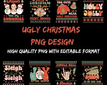 May include: A set of 10 digital designs featuring various Christmas-themed illustrations in a retro style. The designs include phrases like "Chillin' with my snowmies", "Merry Christmas Ya Filthy Animal", "Too Cute to Wear Ugly Sweater", "Holly Jolly", "Sleigh Girl Sleigh", "Joy to the World", "Jingle Bell Rockin", and "Christmas is in the Air".