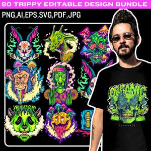 Peut inclure: Un ensemble de 80 illustrations numériques aux motifs psychédéliques et hallucinatoires. Les motifs comprennent des animaux, des crânes et d'autres formes abstraites. Les motifs sont de couleurs variées, notamment le vert, le rose, le bleu et le jaune. Les motifs sont parfaits pour être utilisés sur des t-shirts, des affiches et d'autres produits.