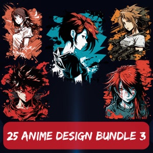 May include: A digital art bundle of 25 anime designs. The designs feature characters with different hairstyles and expressions. The characters are set against colorful backgrounds with splashes of paint.