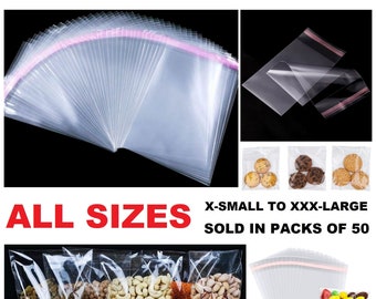 50 Clear Cellophane Bags Self Seal Small Medium Large Sealable Plastic Cello Sweet Bags for Cards Prints Sweets Cookies A6 A5 A4 A3 5x7 4x6
