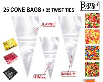 25 Clear Cellophane Cone Bags with Twist Ties: Party Favor Treat Bags