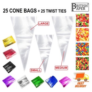 25 Cone Bags for Sweets with Twist Ties Clear Plastic Cellophane Small Large Cone Bags Kids Birthday Party Hot Chocolate Sweetie Candy Treat
