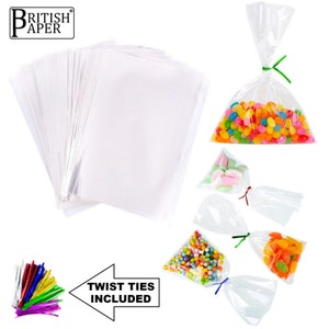 May include: A stack of 100 clear cellophane bags with twist ties. The bags are ideal for packaging small gifts, treats, or favours. The bags are shown with colourful twist ties.