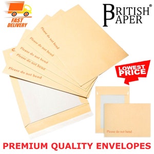 May include: A stack of brown envelopes with the text "Please do not bend" printed on them. The envelopes are from British Paper and are labeled "Lowest Price" and "Premium Quality Envelopes".