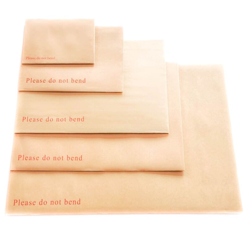 May include: Five brown paper envelopes of different sizes stacked on top of each other. Each envelope has the text "Please do not bend" printed in red.
