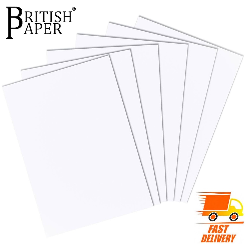 May include: A pack of eight white sheets of paper, stacked and fanned out, with the brand name "BRITISH PAPER" printed in black at the top.