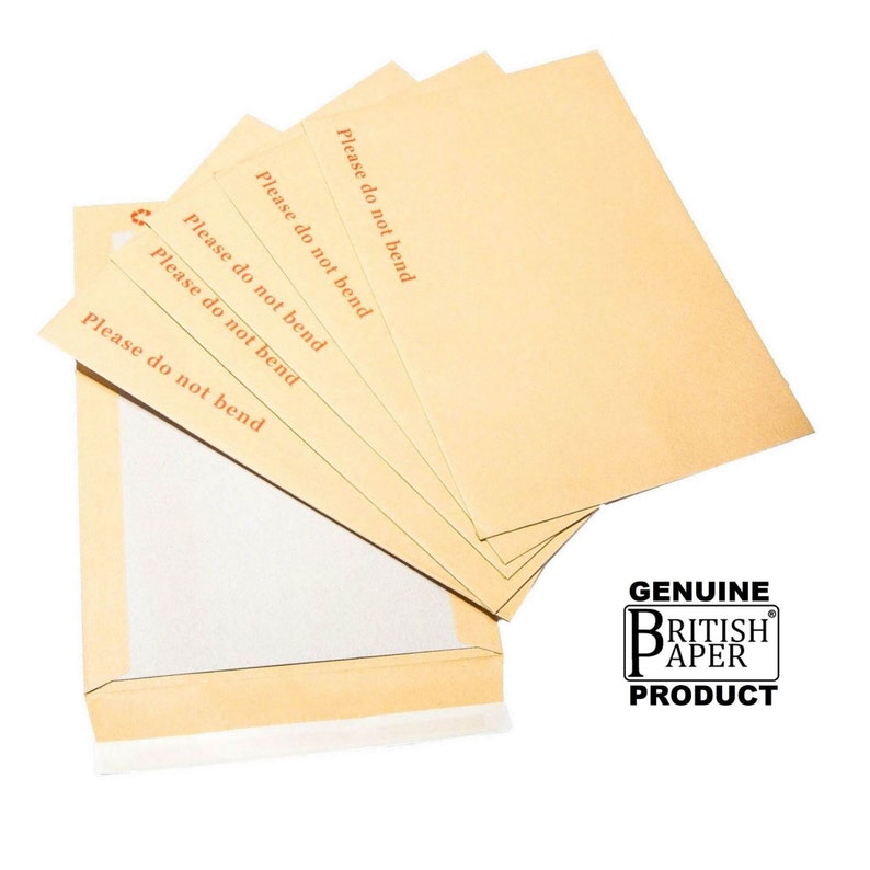 May include: A stack of five brown envelopes with the text "Please do not bend" printed in red on each envelope. The envelopes are made by Genuine British Paper.