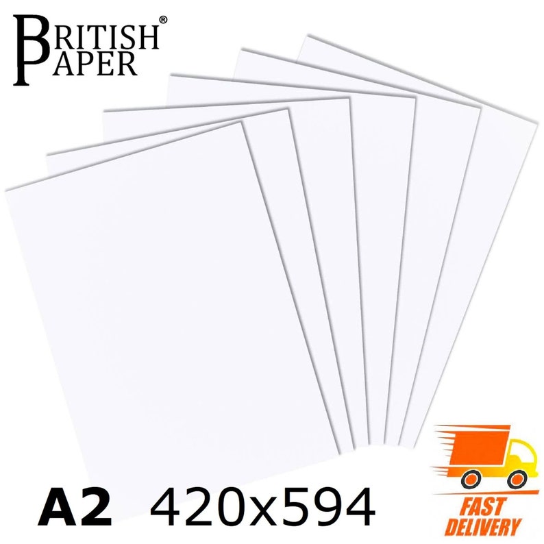 May include: A pack of 8 white A2 paper sheets, measuring 420x594 mm, with the text "BRITISH PAPER" in black at the top and "A2 420x594" in black at the bottom.
