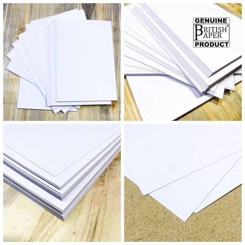 May include: A stack of white paper sheets, with a close-up of the edges showing the paper's thickness. The paper is labeled "Genuine British Paper Product".