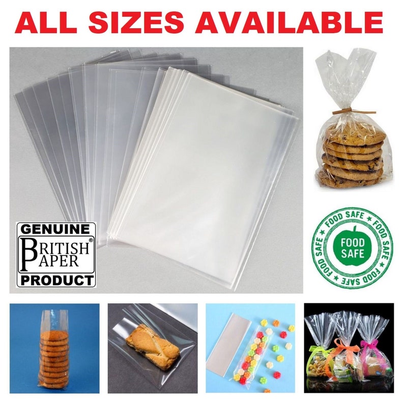 May include: A stack of clear plastic bags in various sizes, with a label that reads "Genuine British Paper Product". The bags are food safe and are shown being used to package cookies, bread, candy, and other small items.