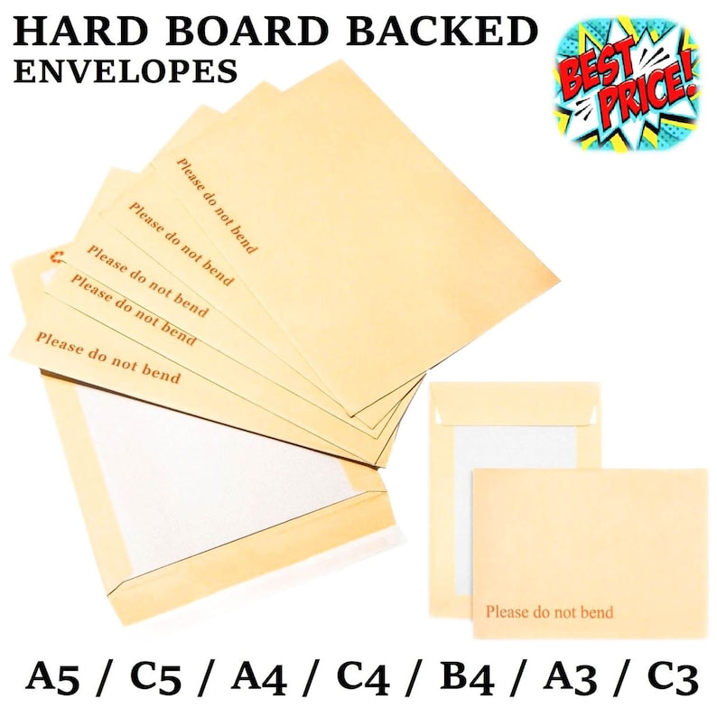 May include: A set of six brown hardboard backed envelopes in various sizes, including A5, C5, A4, C4, B4, A3, and C3. The envelopes have a white interior and a "Please do not bend" message printed on the front.