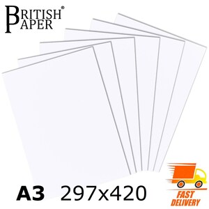 May include: A pack of 6 white A3 paper sheets, measuring 297 x 420 mm, with the text "BRITISH PAPER" in black at the top and "A3 297x420" in black at the bottom.