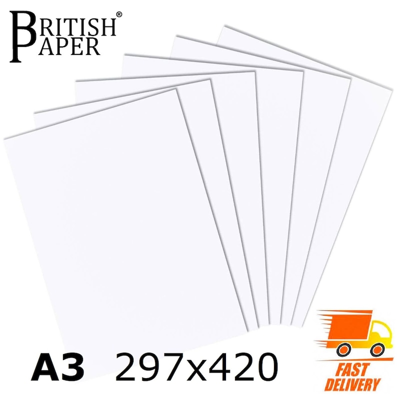 May include: A pack of 6 white A3 paper sheets, measuring 297 x 420 mm, with the text "BRITISH PAPER" in black at the top and "A3 297x420" in black at the bottom.