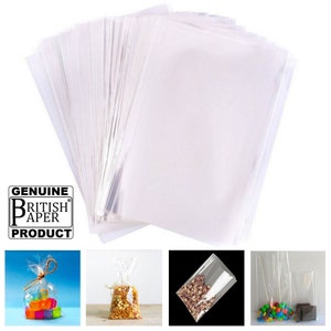 May include: A stack of 100 clear cellophane bags, ideal for packaging small gifts or treats. The bags are made from high-quality, durable plastic and are perfect for both personal and commercial use. The bags are shown in various sizes and with different contents, such as sweets, nuts, and small toys.