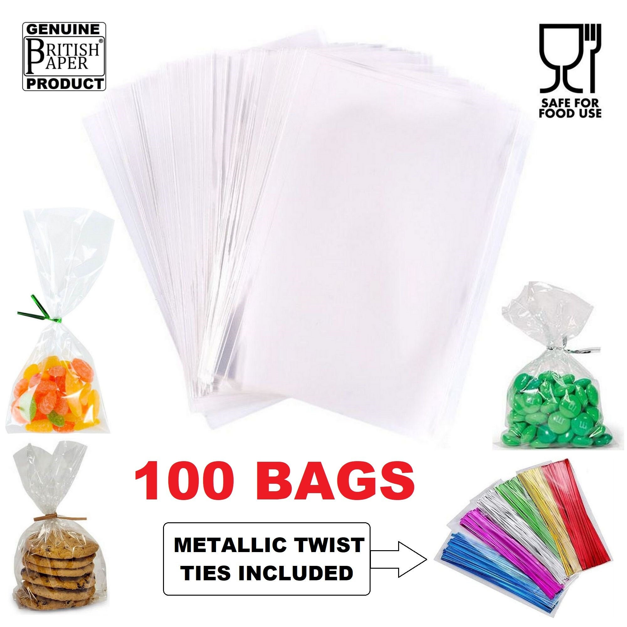 100 x Clear Cellophane Display Plastic Bags plus Twist Ties Small Medium Large Cello Bag Sweet Treats Display Bags Gift Crystal Clear Cello
