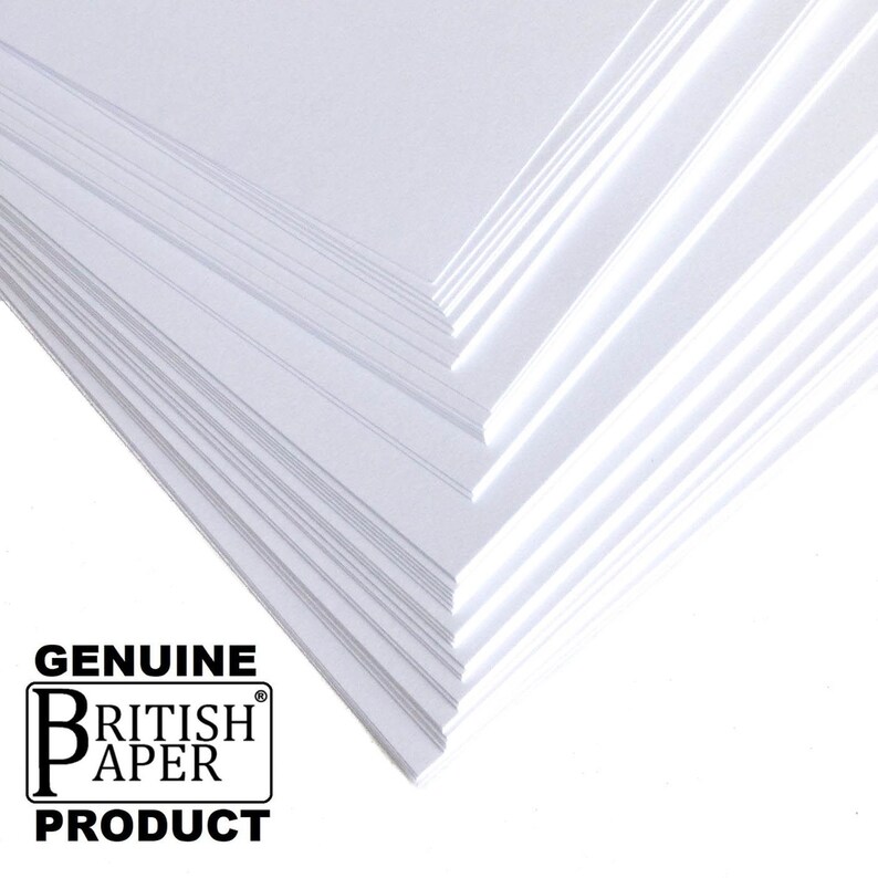 May include: A stack of white paper, with a logo that reads "GENUINE BRITISH PAPER PRODUCT" in black text.